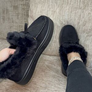 Black Fur Lined Women's Loafers